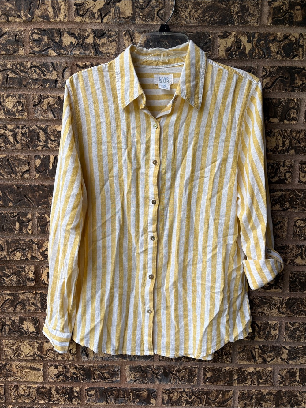 Sigrid Olsen Women's Yellow and White Striped Linen Blend Button-Down Shirt, EUC